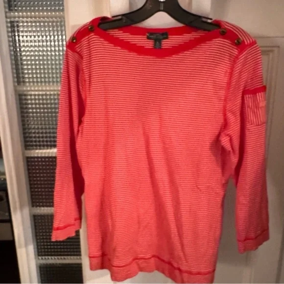Lauren Ralph Lauren Top Boat Neck w/ buttons Red/white Stripes Logo Pocket XL - Picture 10 of 10